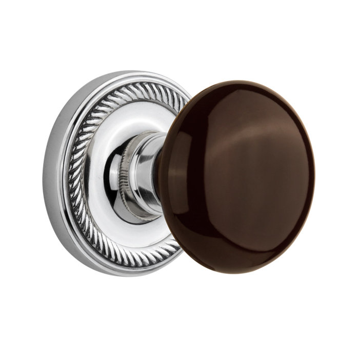 Rosette corde avec bouton de porte en porcelaine brune, Chrome brillant, 2-3/4"