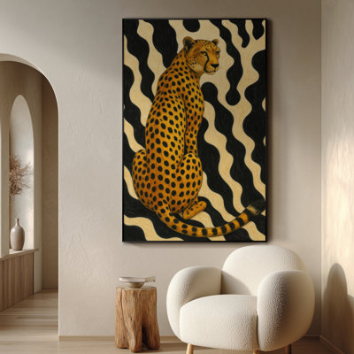 Extra Large Wall Art Fabric Print - Cheetah Sitting Against Wavy Retro Black and Beige Pattern Artwork Decor for Living Room or Bedroom - "Frame Assembly Required (Unfinished Frame)"