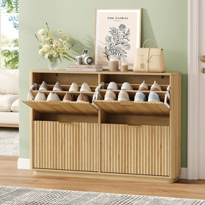 Narrow Flip Shoe Storage Cabinet, 4 Flip Drawers Wavy Textured Wood Entryway Shoe Organizer with Gold Pull Handles