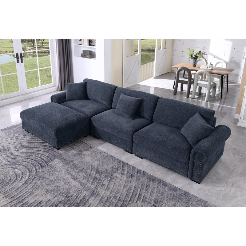 Oliver Modern Style Upholstered Large 3 Seats Seville Couch With Ottoman, Blue