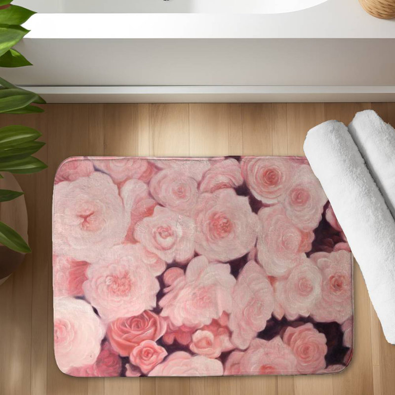 Pink flower field Bath Mat with Non-Slip Backing - Quick Dry Memory Foam Bathroom Rug - Absorbent - Modern Plush Spa-Style - Machine Washable