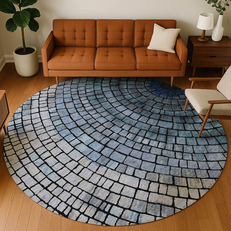 Machine Washable Indoor/Outdoor Chantille ACN2524 Geometric Rug, Denim, Round 8'
