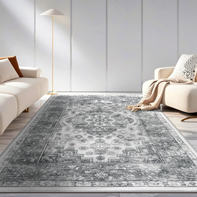 Tapis oriental gris antidérapant lavable à la machine