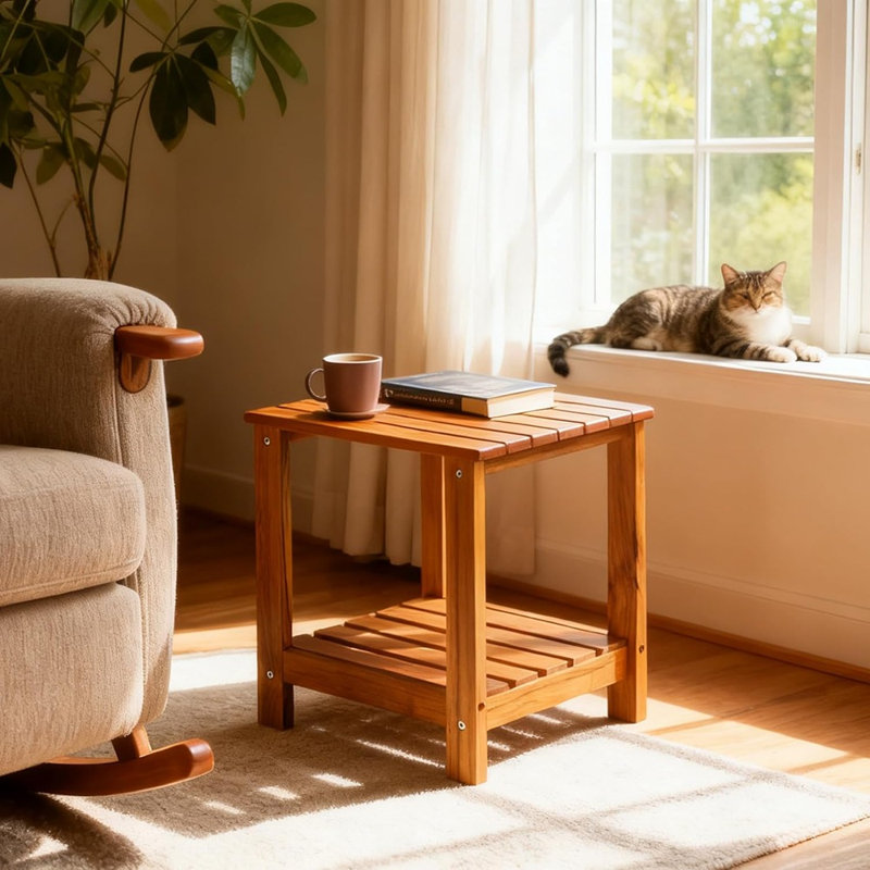 Table d'appoint en teck pour l'extérieur et l'intérieur, table de bout de patio en bois à deux niveaux, table d'appoint pour la cour, le jardin, le salon, la chambre à coucher, le canapé