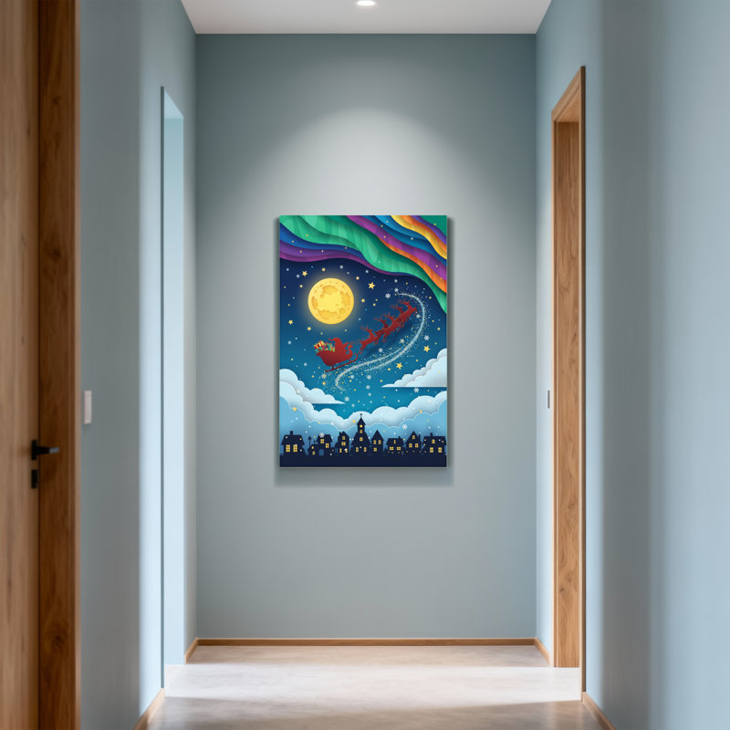 Noël, traîneau du Père Noël, lune, étoiles, nuages, ville, ciel nocturne, H 24 po x l 16 po