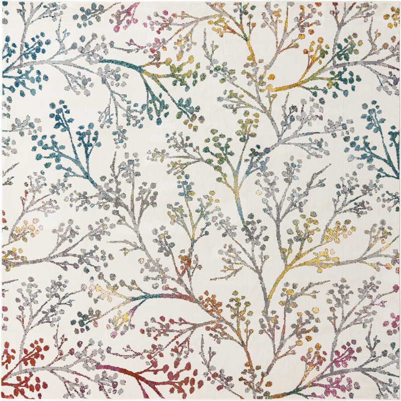 Tapis campagnard et floral de couleur beige / bleu sarcelle, Carré 7 pi 10 po