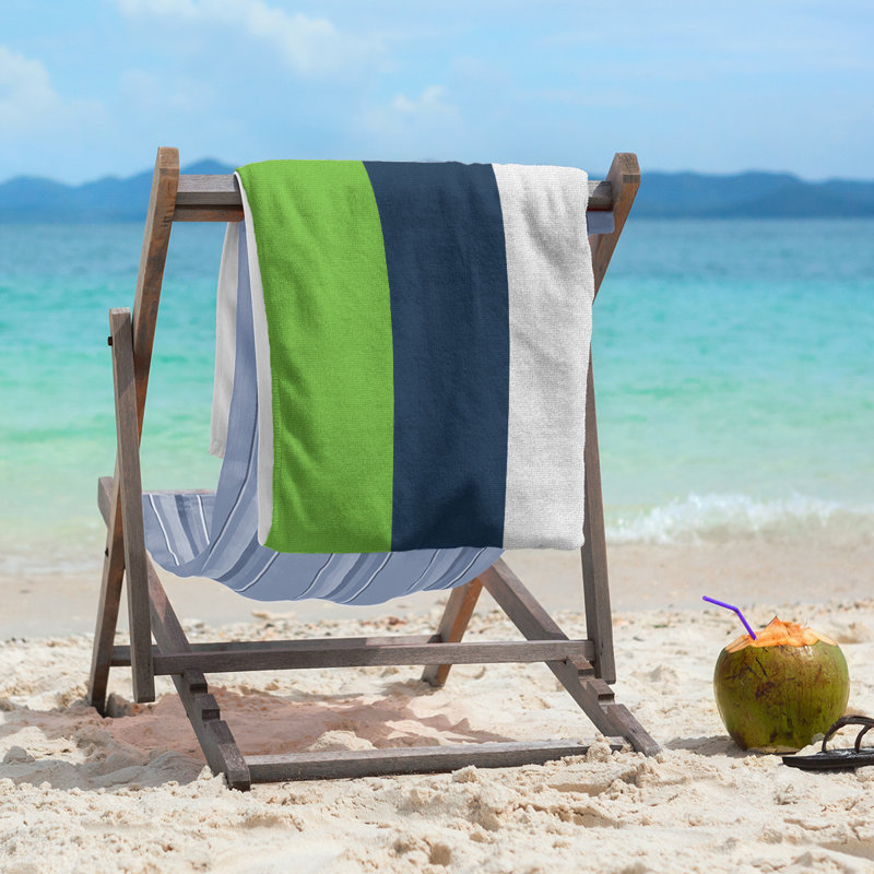 Cotton Blend Beach Towel, Green/Navy Blue/Light Gray