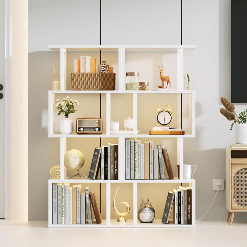 Bibliothèque blanche géométrique avec lumière DEL, 5 niveaux, Blanc