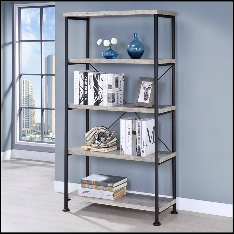 Bibliothèque grise à 4 tablettes avec beaucoup de rangement, parfaite pour les décors modernes et industriels., Gris