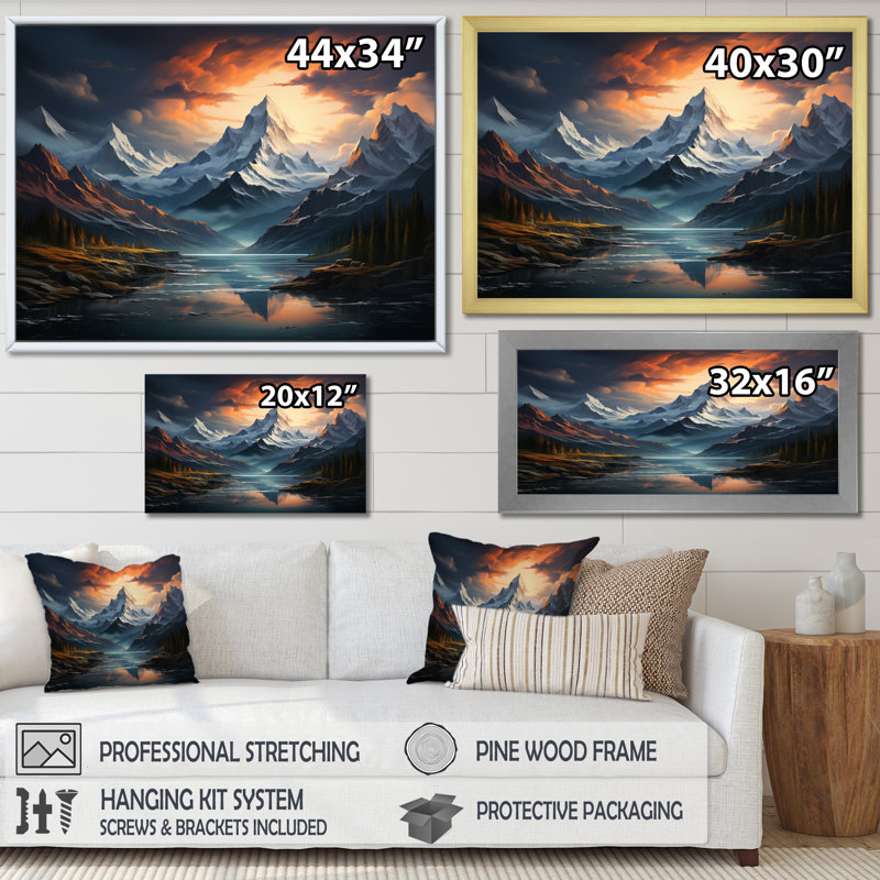«Beybala Peach Teal Mountains Majestic Peaks», reproduction géométrique encadrée sur toile, H 34 po x l 44 po x P 1,5 po