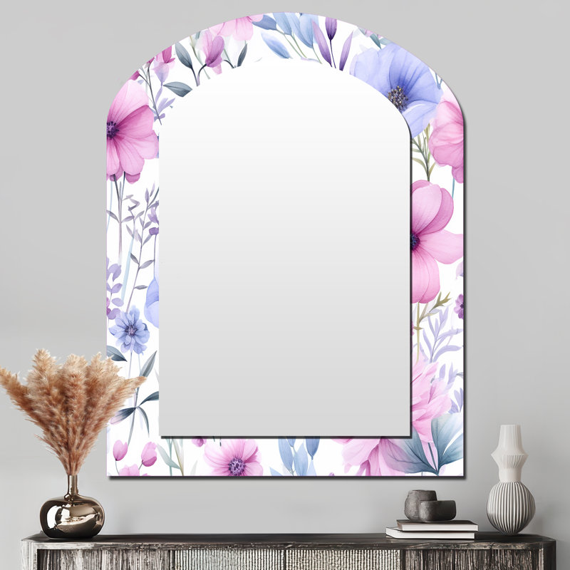 Pink And Blue Petunia On White III - Flowers Arch Wall Mirror, Traditional Asymmetrical Decorative Mirror, Printed Metal Art