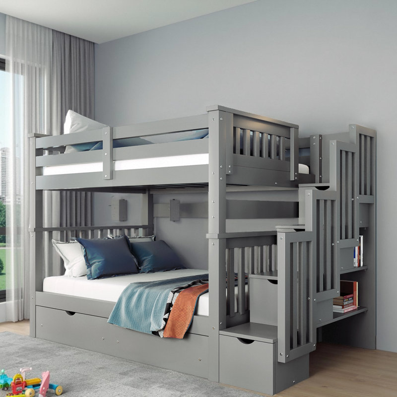 Lit superposé double au-dessus de double avec 6 tiroirs de rangement Modern, Gris