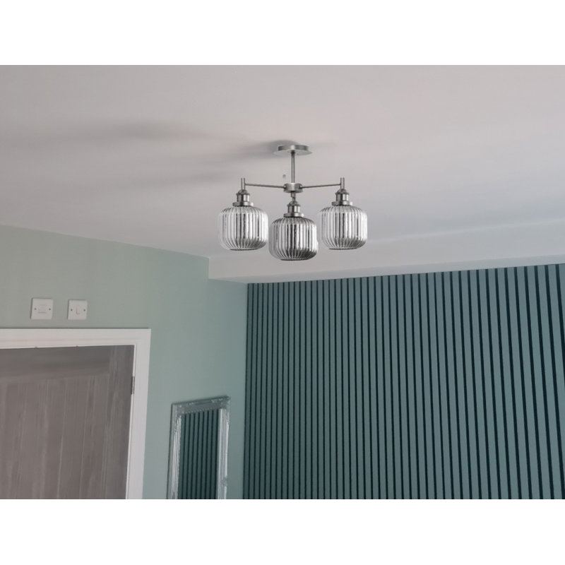 Echo 3 Light Semi Flush with Smoked Ribbed Glass, Pewter