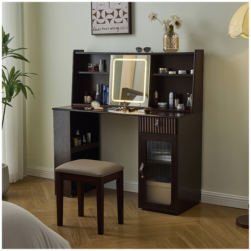 Elegant makeup vanity desk with 3 modes Adjustable Lighted Mirror,modern dressing table set with large shelves, drawer and canbinet,Walnut