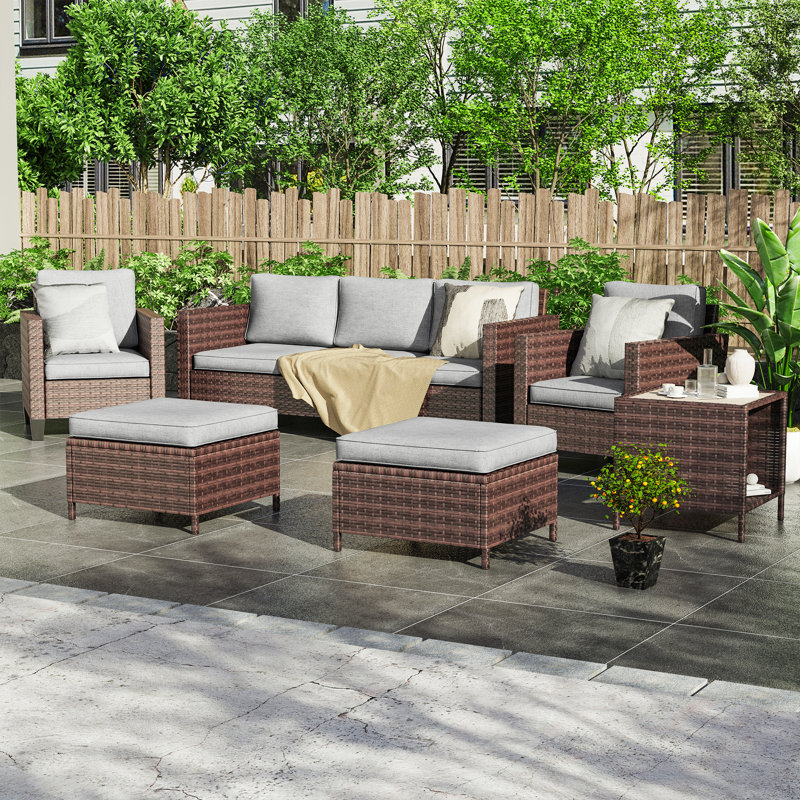 Sinkler 6 Piece Wicker Sofa Seating Group with Cushions and Rocking Swivel Chairs, Brown, Linen Gray