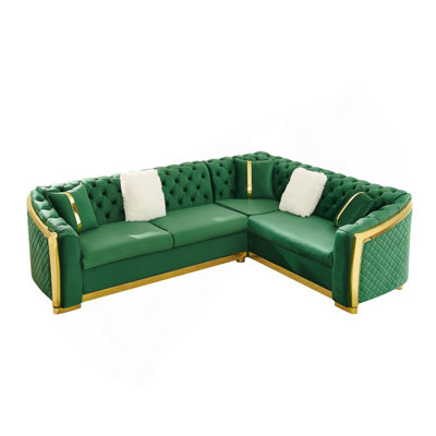 Ensemble de canapé modulaire en forme de L 106 pouces avec accents en acier inoxydable doré, canapé capitonné à boutons en velours avec 5 coussins pour le salon, vert