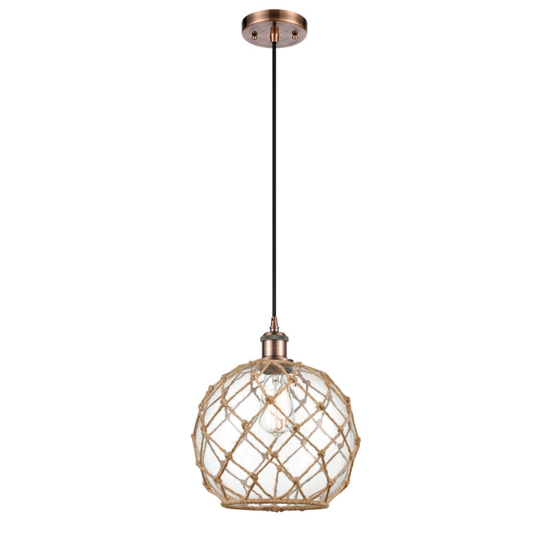 Luminaire suspendu en forme de globe à 1 lumière avec accents en corde Tobey, Clair/Brun, H 13 po x l 10 po x P 10 po