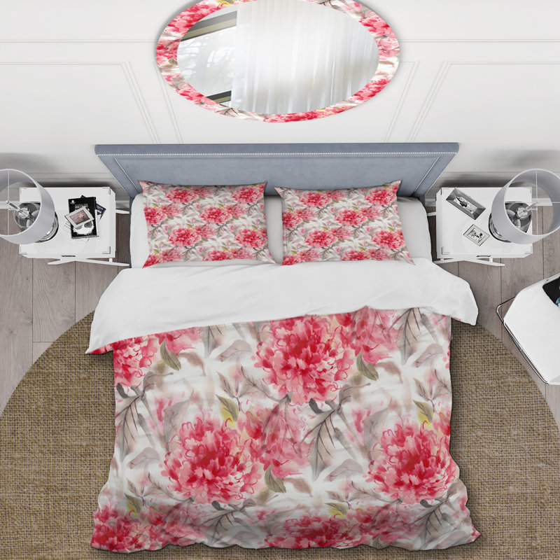 Ensemble de housse de couette Watercolor Pink Flowers - Cabin & Lodge, Housse de couette simple + 1 taie décorative stan