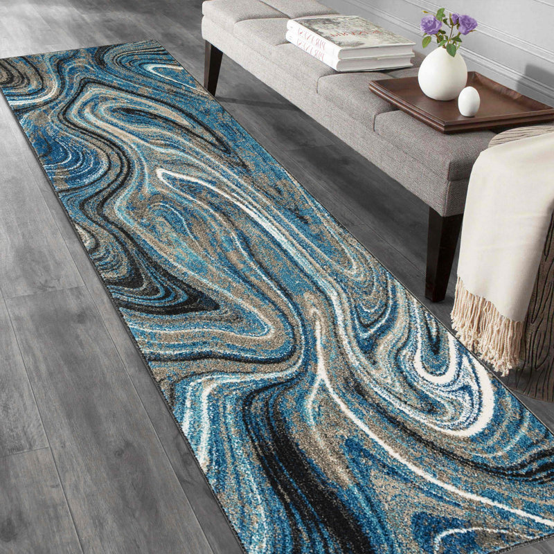 Tapis en marbre bleu marine et gris multicolore à motif abstrait HR, Tapis de couloir de 2 pi x 7 pi