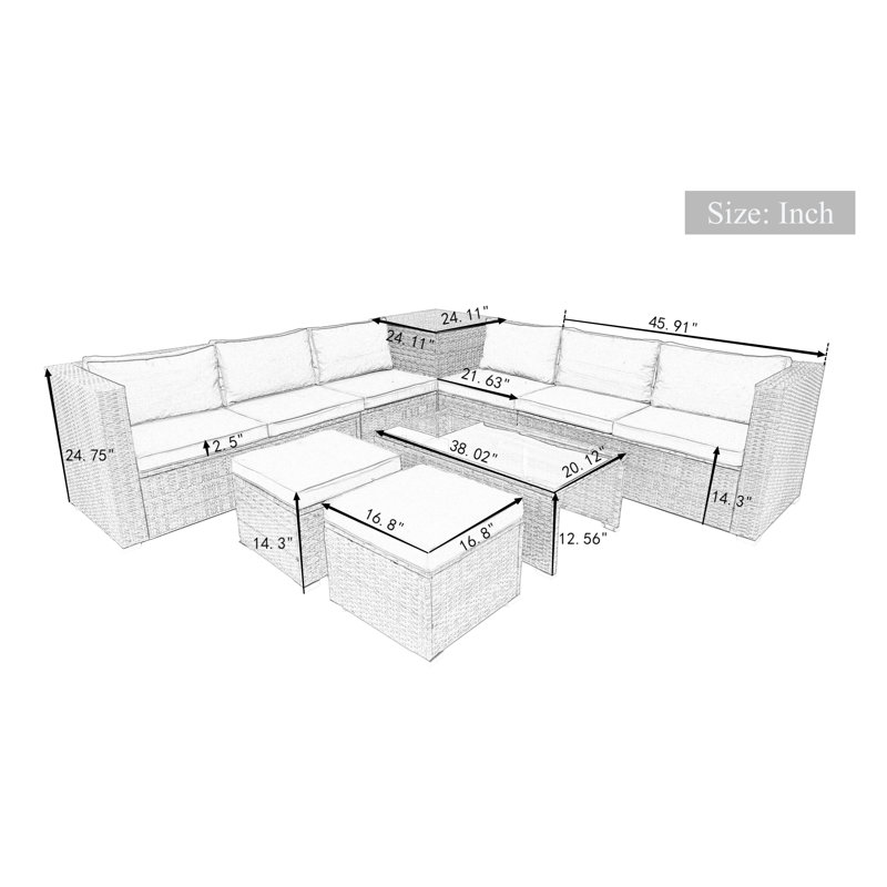 Ensemble de canapé modulaire de patio 8 pièces gris avec boîte de rangement et plateau de table en verre transparent