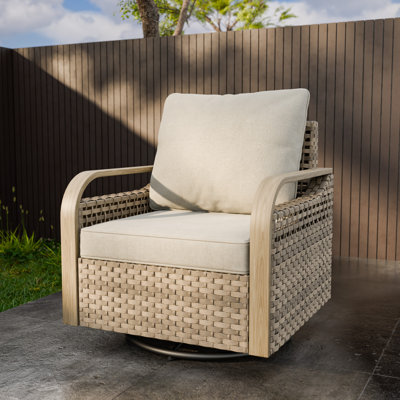  Fauteuils coulissants pivotants d'extérieur en osier avec coussins et accoudoirs uniques en grain de bois
