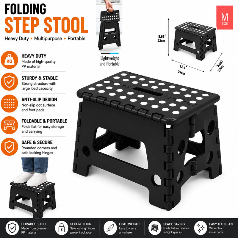 Medium Folding Plastic Step Stool Black