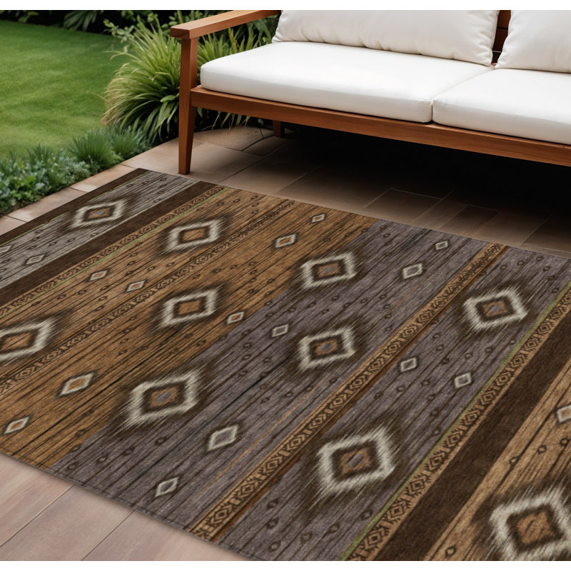 Tapis intérieur tribal lavable 10 pi x 14 pi cuivre et gris chocolat