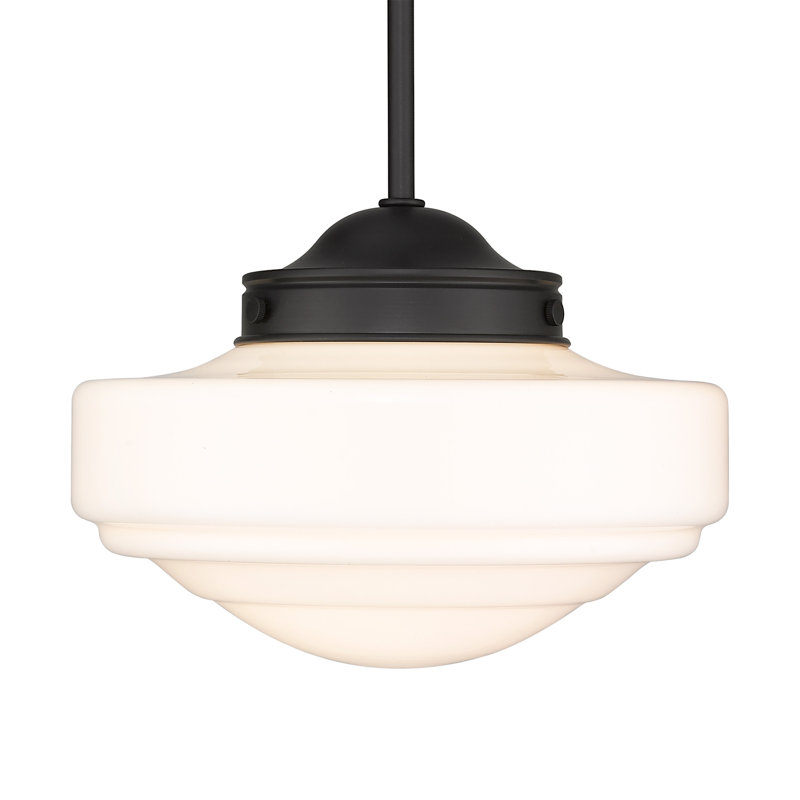 Luminaire suspendu de style école à 1 lumière Ingalls , Verre de lait rétro, Noir mat
