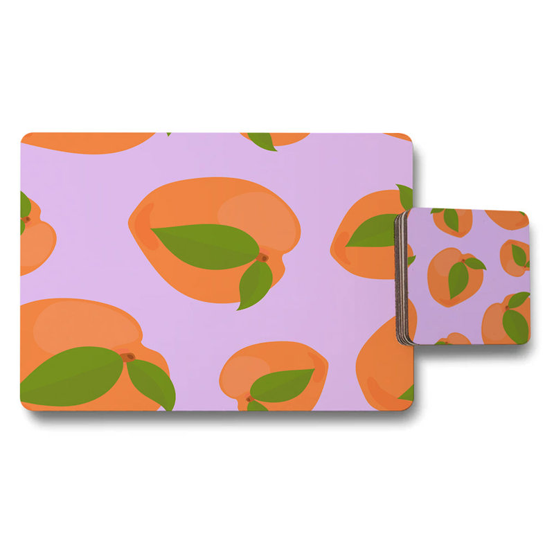 Designer Peach Print Placemat And Coaster Set With Wood Bottom In Lavender Palette 12 Piece