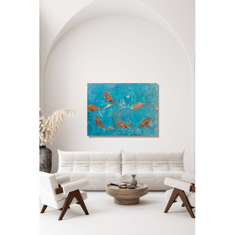 Koi Pond Print by John Beard, Black Framed Canvas, 40" H x 60" W x 1.5" D