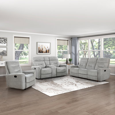 Hungate Transitional Manual Reclining 3-Piece Living Room Set with Chenille Fabric Upholstery, Tab Pull Motion & Superior Foam over Pocket Coils Comfort
