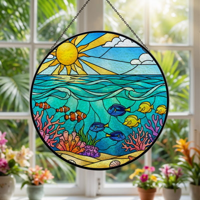 7.8"H Ocean Scene Stained Glass Window Panel