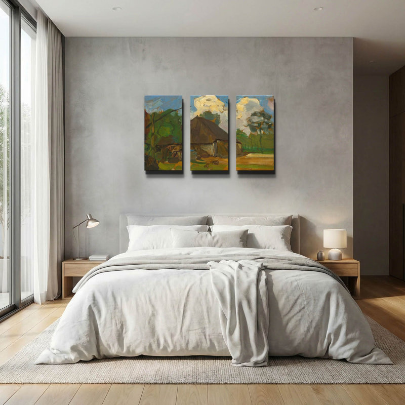 « Ferme avec puits à la lumière du jour, 1907 », triptyque mural de Piet Mondrian, 91,4 x 61 cm, 78 po x 34 po