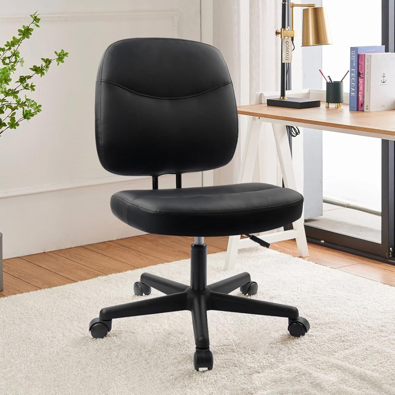  Armless Home Office Chair, Small PU Leather Ergonomic Low Back Desk Chair with Lumbar Support and Wheels, Adjustable Height 360° Swivel Rolling Computer Task Chair, Black