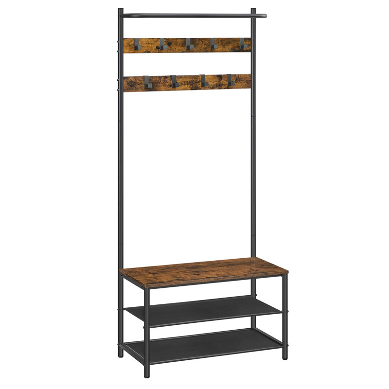 Hall Tree With Bench And Shoe Storage, Entryway Bench With Coat Rack Stand And Shoe Rack, 9 Movable Hooks, Top Bar, Fabric Shelves, Rustic Brown And Black