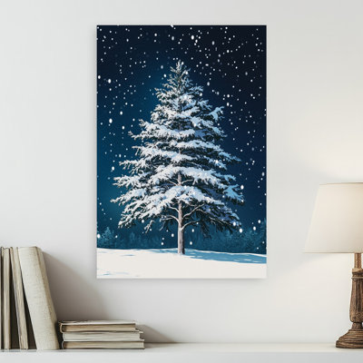 Snowy Winter Night Peaceful Serene Tranquil Christmas Tree Pine Tree Forest Landscape Wall Art Print 1 Piece Wrapped Canvas Wall Art