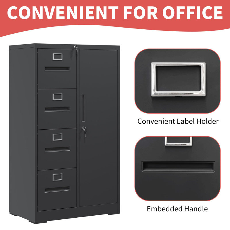 Black Metal 4-Drawer Vertical Mobile Filing Cabinet with Lock