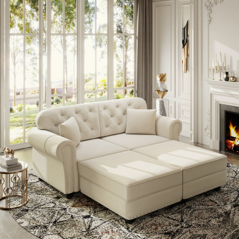 Canapé Chesterfield rembourré en velours avec garniture cloutée et accoudoirs roulés, canapé de style Mid-Century moderne capitonné, comprenant 2 coussins (2 repose-pieds)