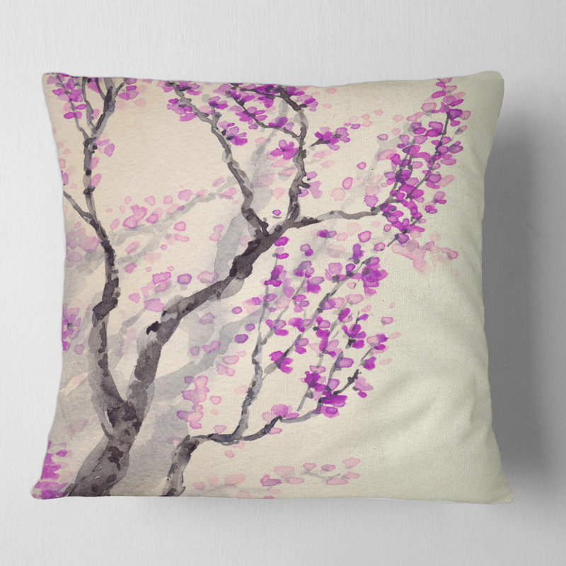 Housse de coussin carré avec fleurs sur des branches d'arbres, 16" x 16"