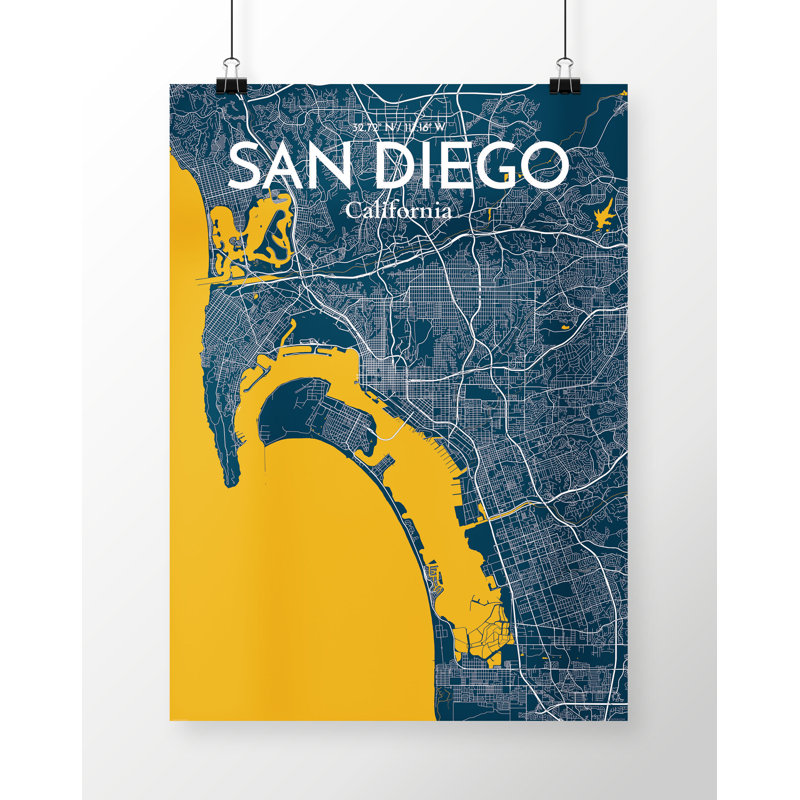 «San Diego City Map», reproduction d'impression sur affiche en bleu, H 24 po x l 18 po