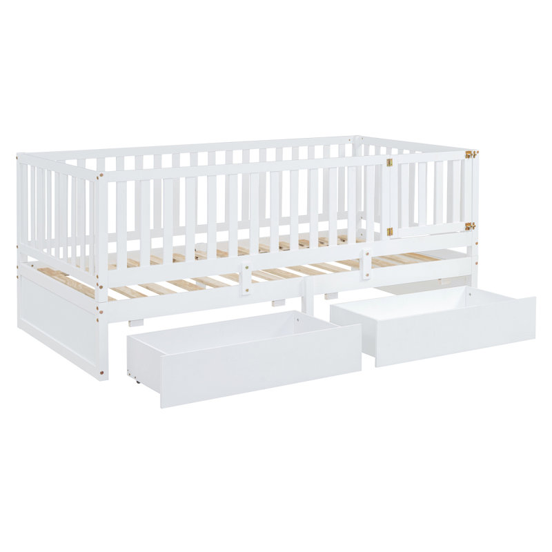 Lit de jour simple en bois avec garde-corps de clôture et 2 tiroirs, divisé en lit indépendant et lit de jour, blanc (ANCIEN SKU: LP100881AAK)
