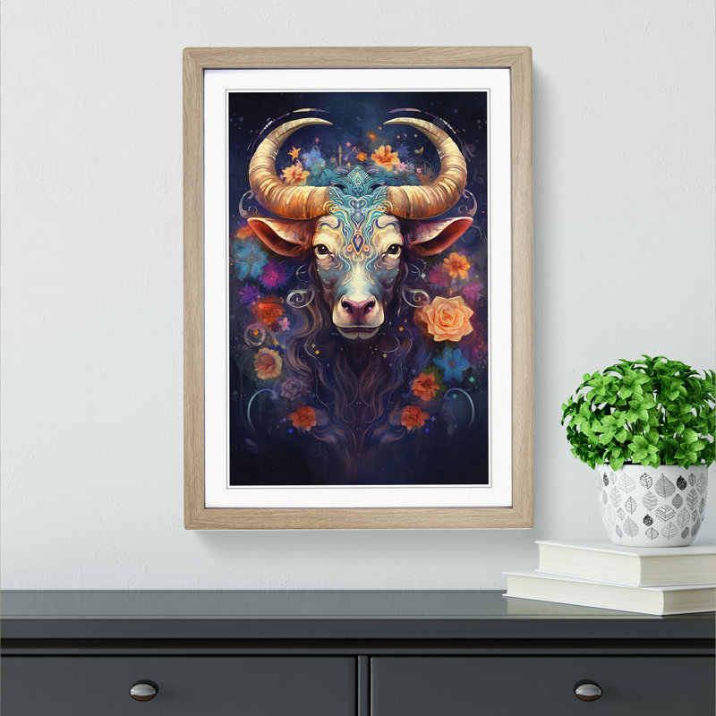 XYZ-FRM-V1223-1610 Taurus Zodiac Impressionism - Single Picture Frame Print on Wood, Oak , 34cm H x 25cm W x 2cm D