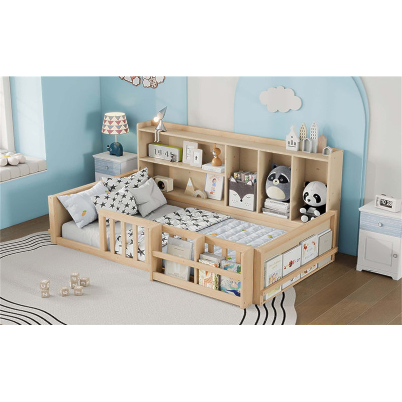 Structure de lit plateforme en bois pour enfants avec garde-corps, tablettes de rangement latérales et bibliothèque pour économiser de l'espace et de la sécurité (sans matelas)