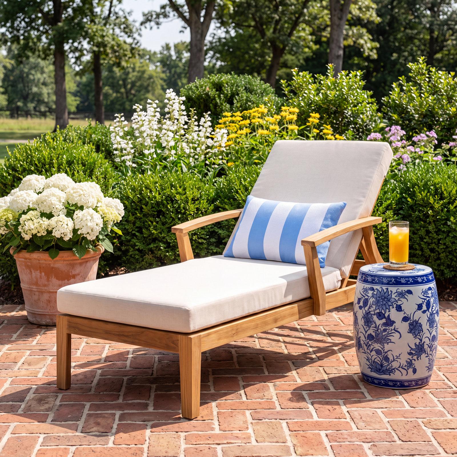 Clairmont Patio Chaise Lounge, White Cushion /Natural Teak Wood Frame