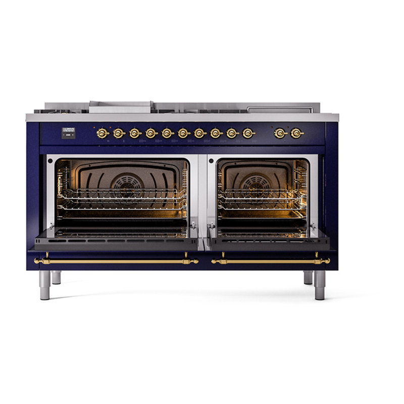 ILVE Nostalgie II Noblesse 60 in Dual Fuel Range 7 Burner, Griddle, Frenchtop, Midnight Blue/Brass, Natural Gas
