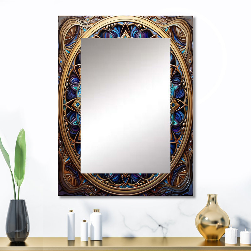Rétro mandala floral doré magique II - grand miroir mural mandala boho, 32 po x 24 po