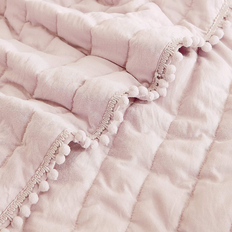 Washed Microfiber Channel Stitch Pom Pom Quilt Set, Queen Quilt + 2 Standard Shams, Woodrose