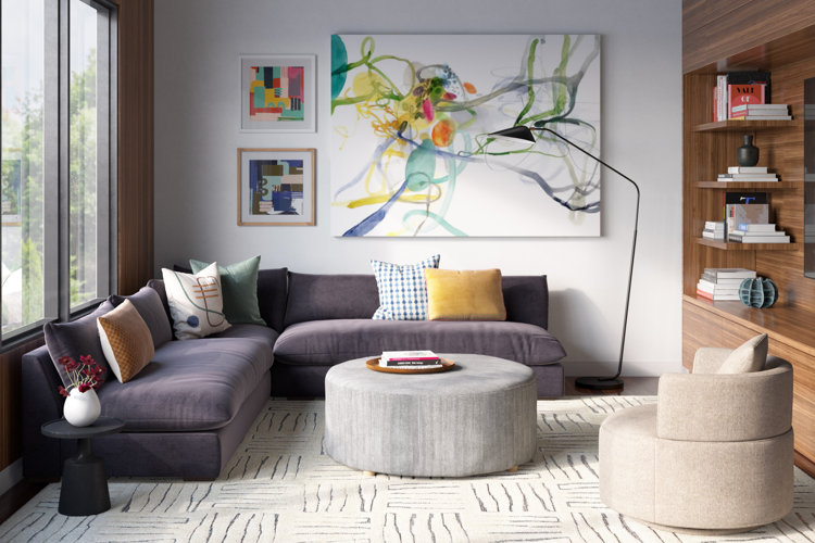Living room with a large abstract painting over a sectional sofa, styled by Wayfair