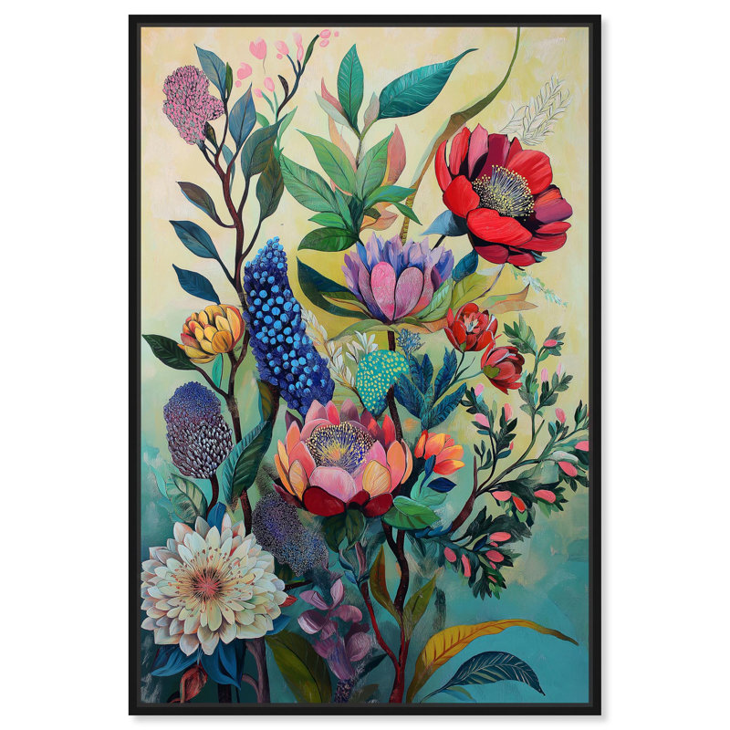 «Exotic Bloom Medley II», art floral chic par Art Remedy, Cadre flottant noir, H 16 po x l 11 po