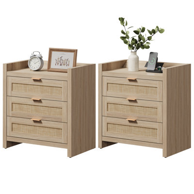 Ashvir Rattan 3-Drawer Nightstand With Built-In Outlets by Millwood Pines